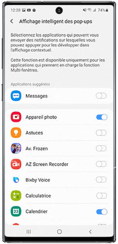 ماهي الإشعارات المنبثقة للاندرويد 11 تمكين أو تعطيل عرض الأيقونة المنبثقة بالنسبة لبعض التطبيقات، من الممكن أيضًا عرض الإشعارات كأيقونة منبثقة. نفس المبدأ: يظهر الإشعار على شاشتك على شكل أيقونة. ومع ذلك، يجب عليك الضغط على الأيقونة للوصول إلى محتوى هذا الإشعار. يتيح لك هذا الخيار تلقي إشعاراتك بشكل أكثر سرية من النافذة المنبثقة. لتمكين هذه الميزة، انتقل إلى الإعدادات > الميزات المتقدمة > العرض المنبثق الذكي. تظهر قائمة بالتطبيقات المتوافقة مع الشاشة كأيقونة منبثقة. قم بتنشيط شريط التمرير للتطبيقات التي تريد تلقي إشعاراتها في شكل أيقونات منبثقة.