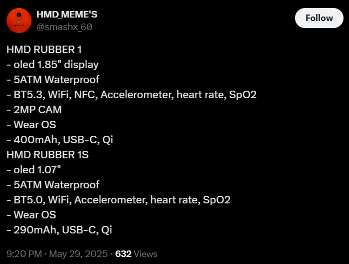 تسريبات عن HMD Rubber 1: أول ساعة ذكية على الإطلاق تعمل بنظام Wear OS مع كاميرا 7 HMD Rubber 1